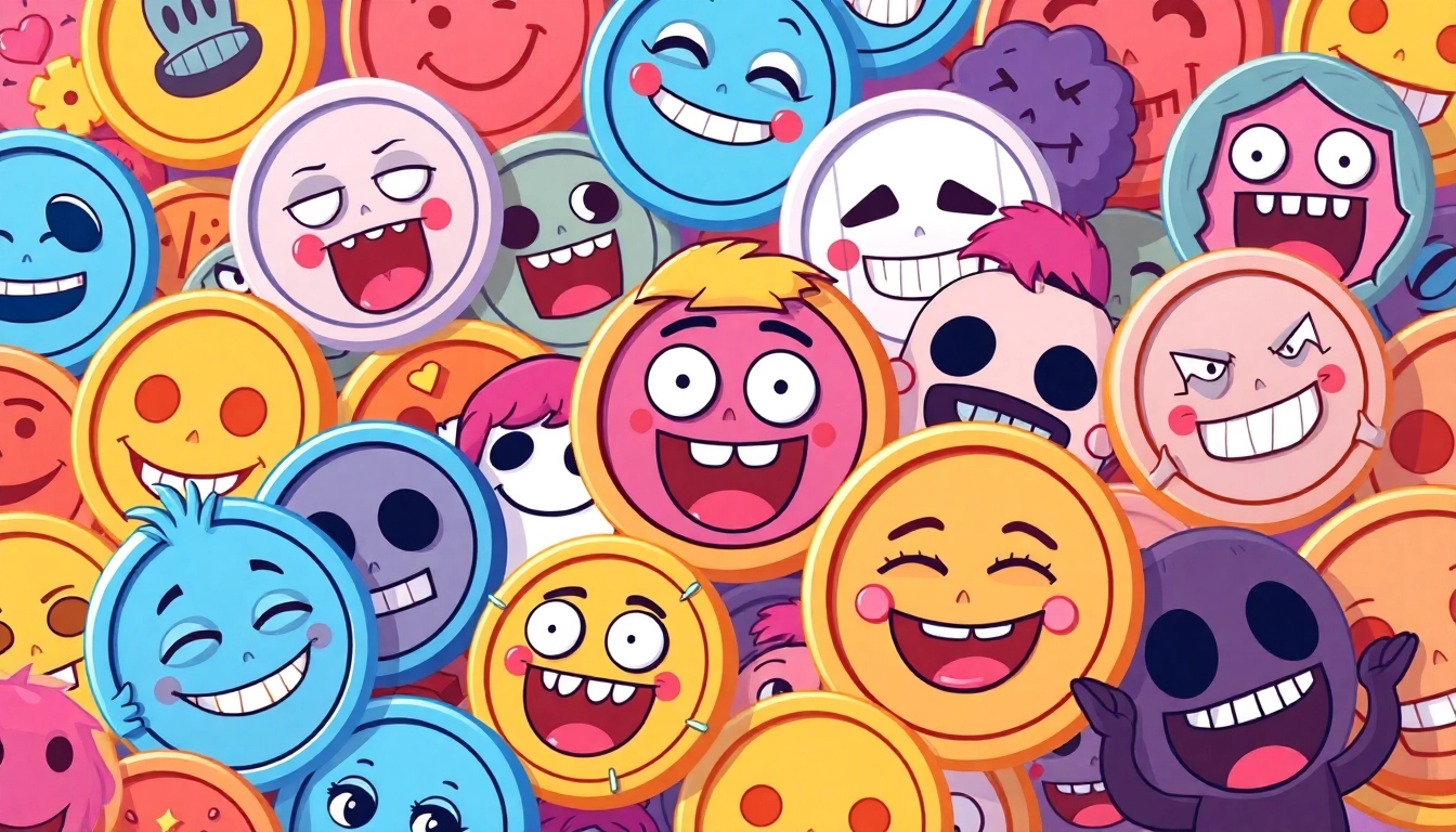 Popular memecoin logos with humorous meme characters engaging in digital trading activities,