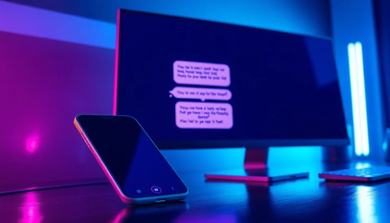Close-up of a digital chat interface on devices with suggestive conversations and neon lighting.