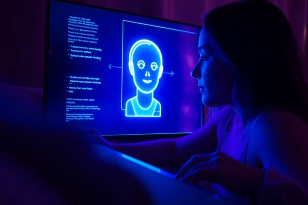 An AI chatbot interface with a holographic avatar in a high-tech environment, glowing blue and purple lights creating a futuristic and inviting atmosphere.