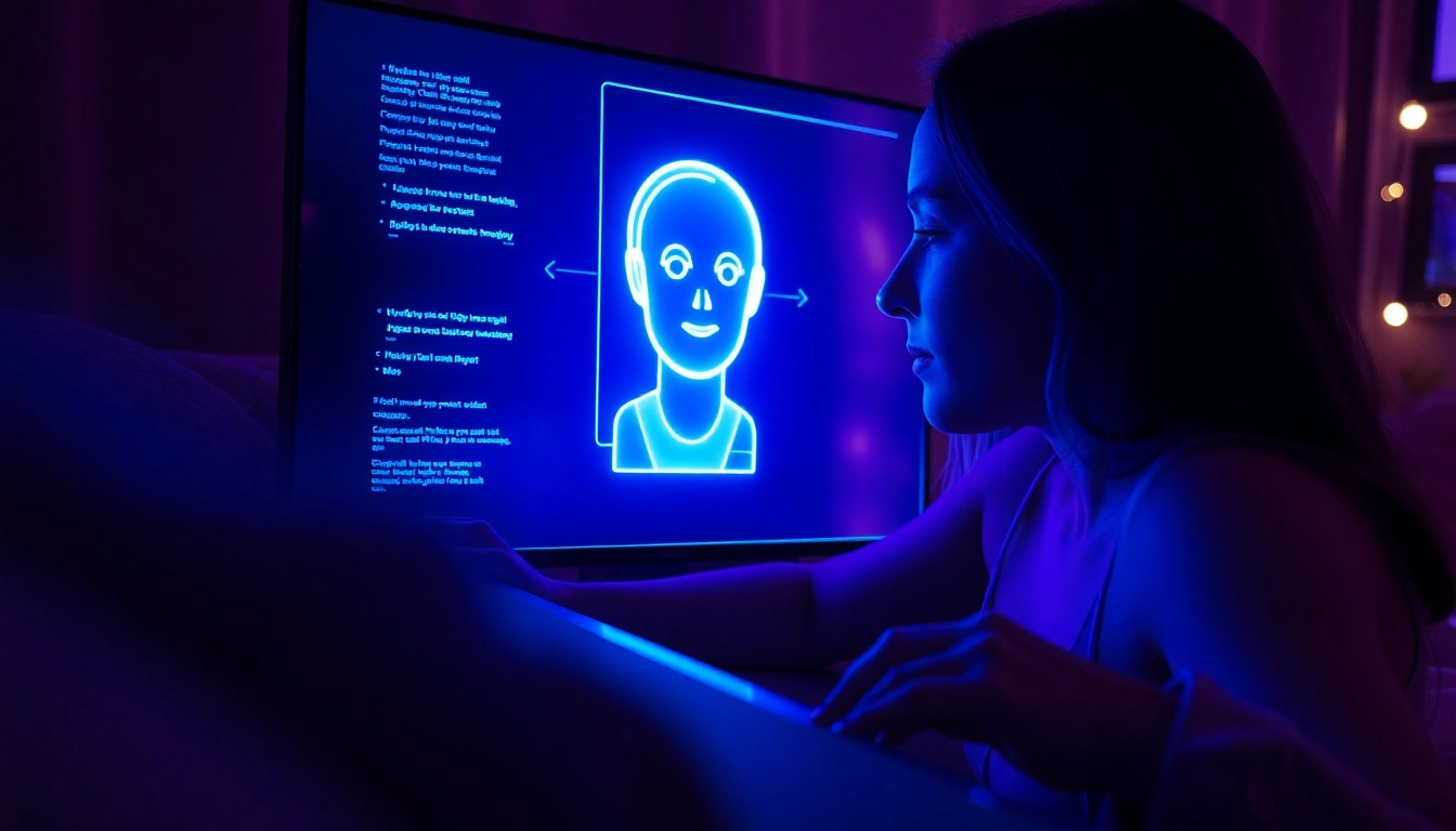An AI chatbot interface with a holographic avatar in a high-tech environment, glowing blue and purple lights creating a futuristic and inviting atmosphere.