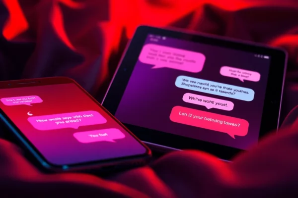 Close-up of a smartphone and tablet displaying suggestive chat bubbles with adult themes, glowing screens in a warm, intimate setting.