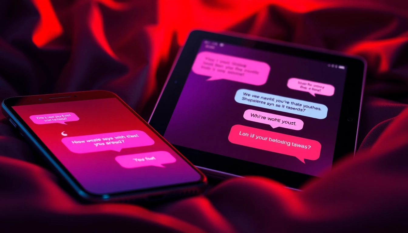 Close-up of a smartphone and tablet displaying suggestive chat bubbles with adult themes, glowing screens in a warm, intimate setting.