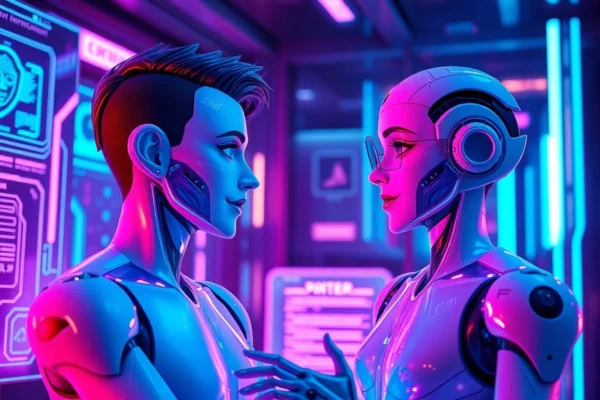 Futuristic AI characters engaged in an intimate digital conversation with neon holographic interfaces.