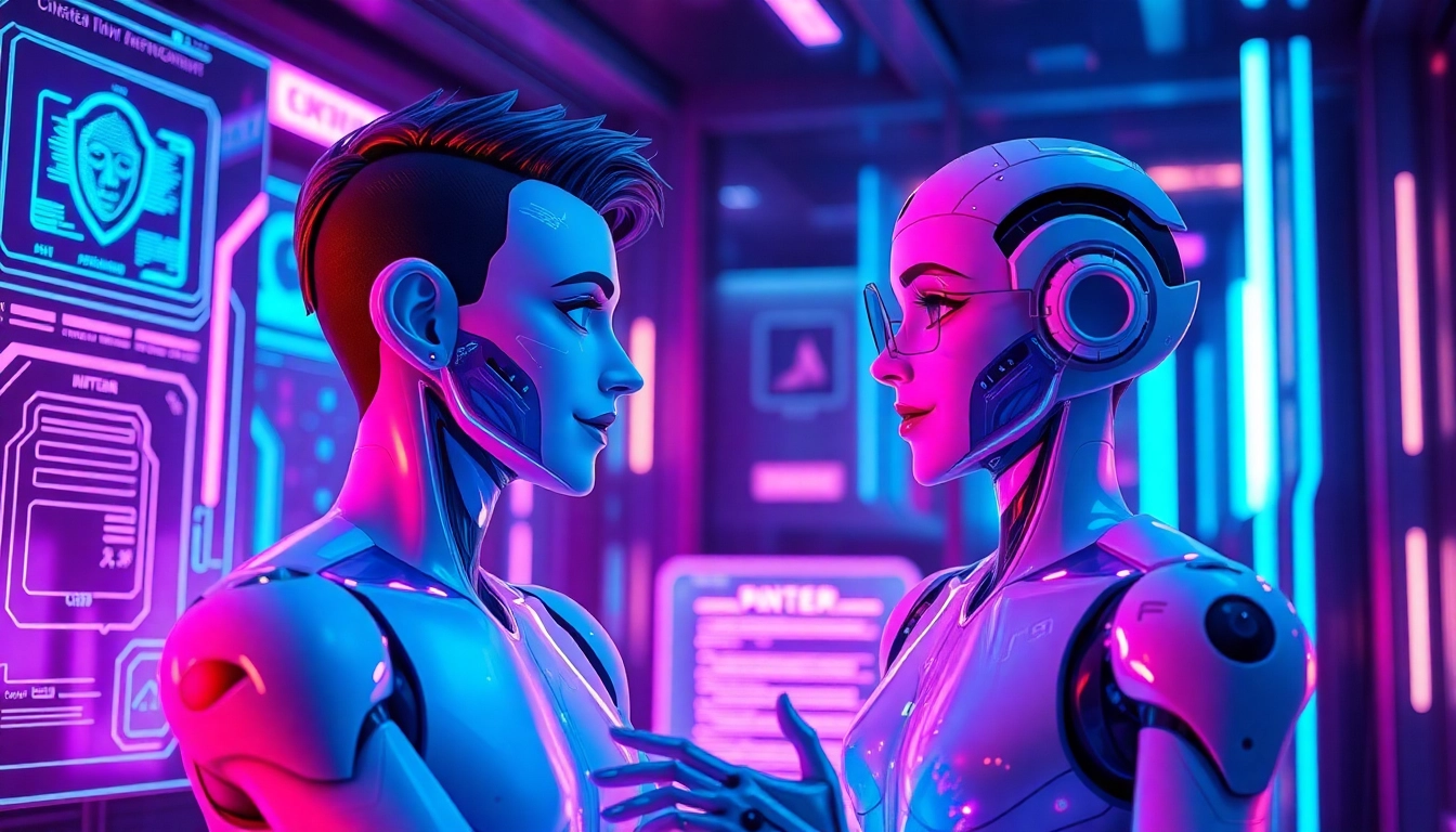Futuristic AI characters engaged in an intimate digital conversation with neon holographic interfaces.