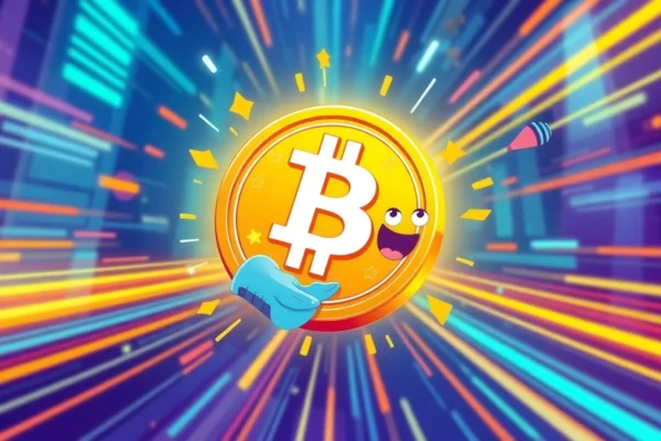 Dynamic memecoin graphic with meme icons and digital currency symbols for engaging crypto content