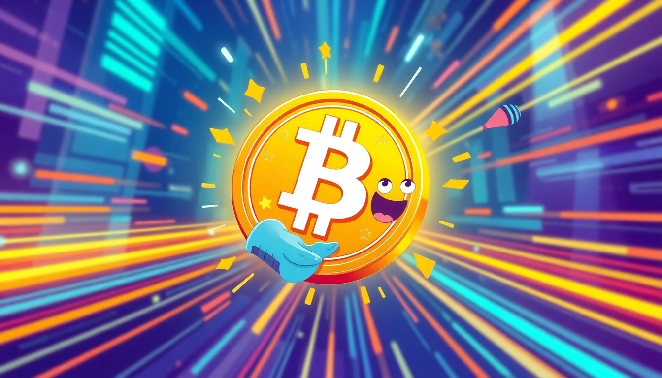 Dynamic memecoin graphic with meme icons and digital currency symbols for engaging crypto content