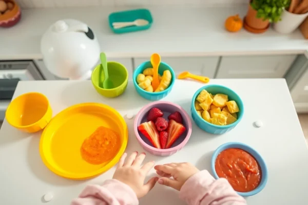 Effective baby weaning foods with colorful silicone plates and utensils for young children