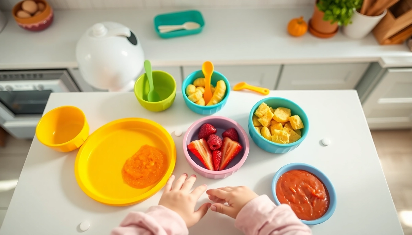 Effective baby weaning foods with colorful silicone plates and utensils for young children