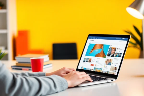 Person enhancing social profile optimization on laptop with professional setup for online