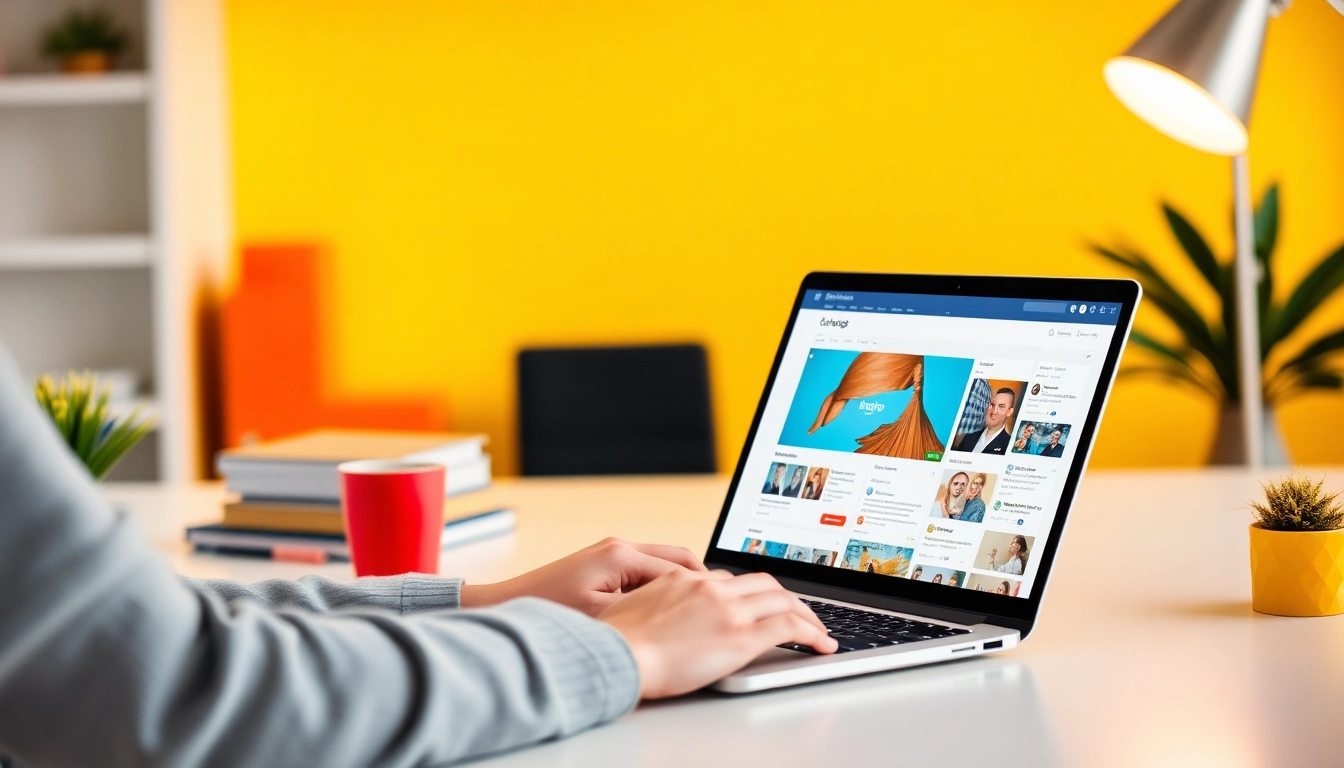 Person enhancing social profile optimization on laptop with professional setup for online