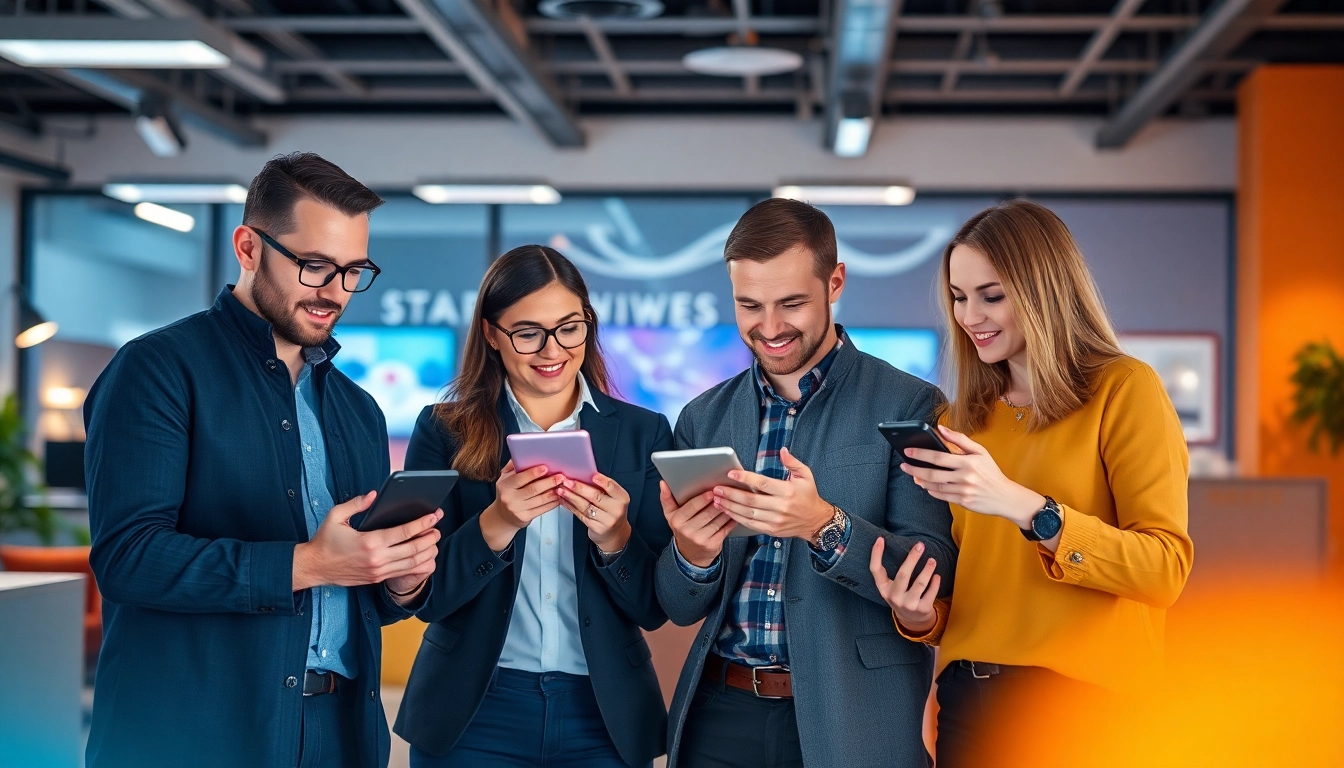 Business professionals analyzing the latest startup updates on digital devices in a vibrant