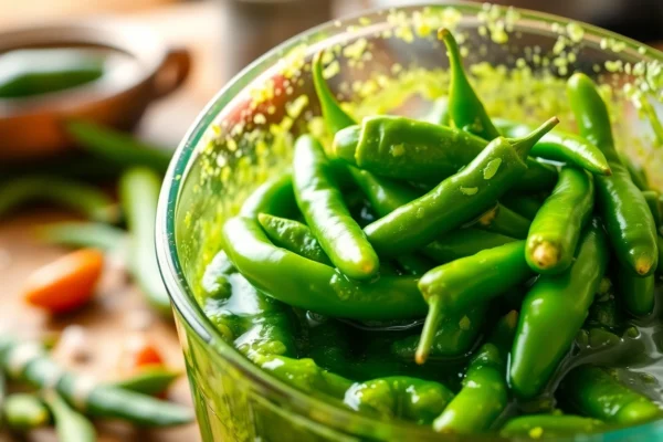 Bold green chilli sauce being poured into a rustic jar, fresh green chillies around, vibrant