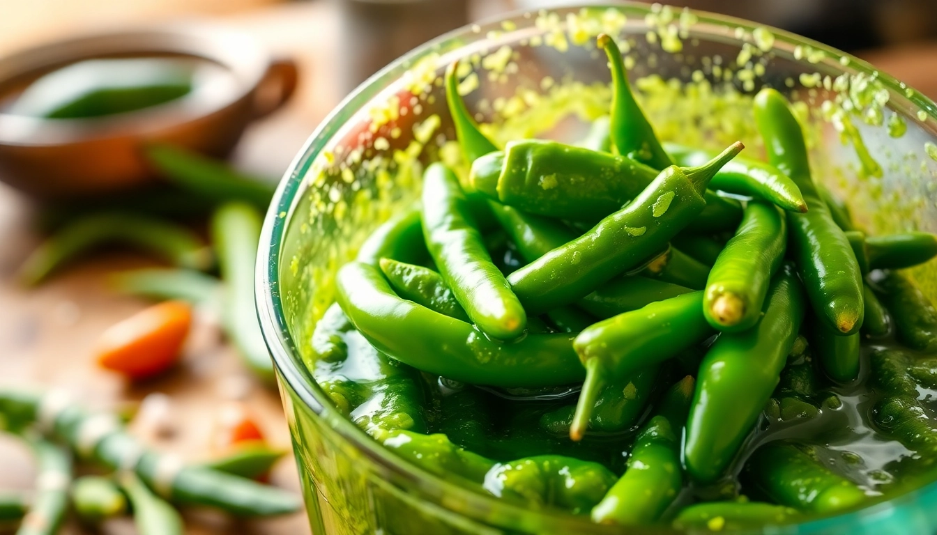 Bold green chilli sauce being poured into a rustic jar, fresh green chillies around, vibrant