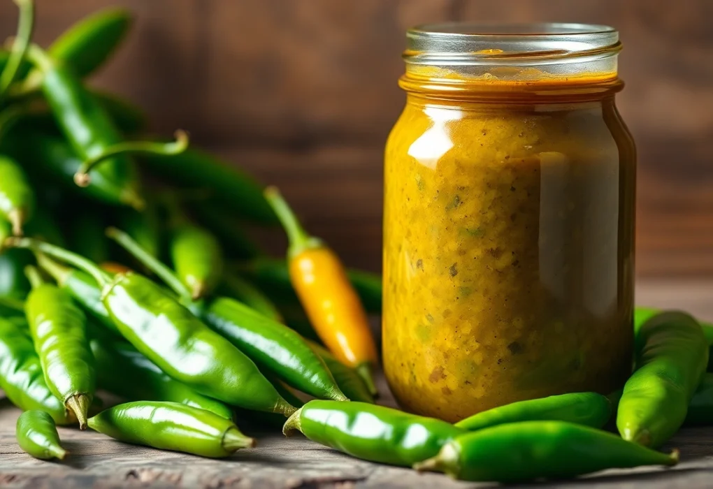 Green Chilli Sauce being poured from jar with fresh green chillies around, highlighting