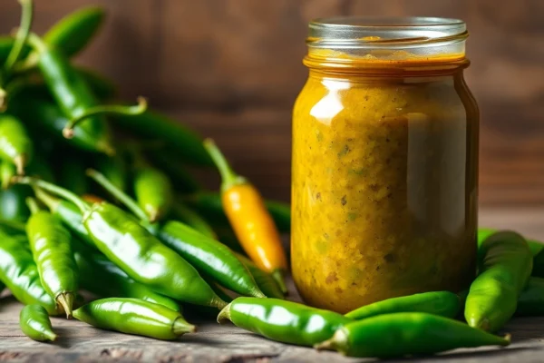 Green Chilli Sauce being poured from jar with fresh green chillies around, highlighting