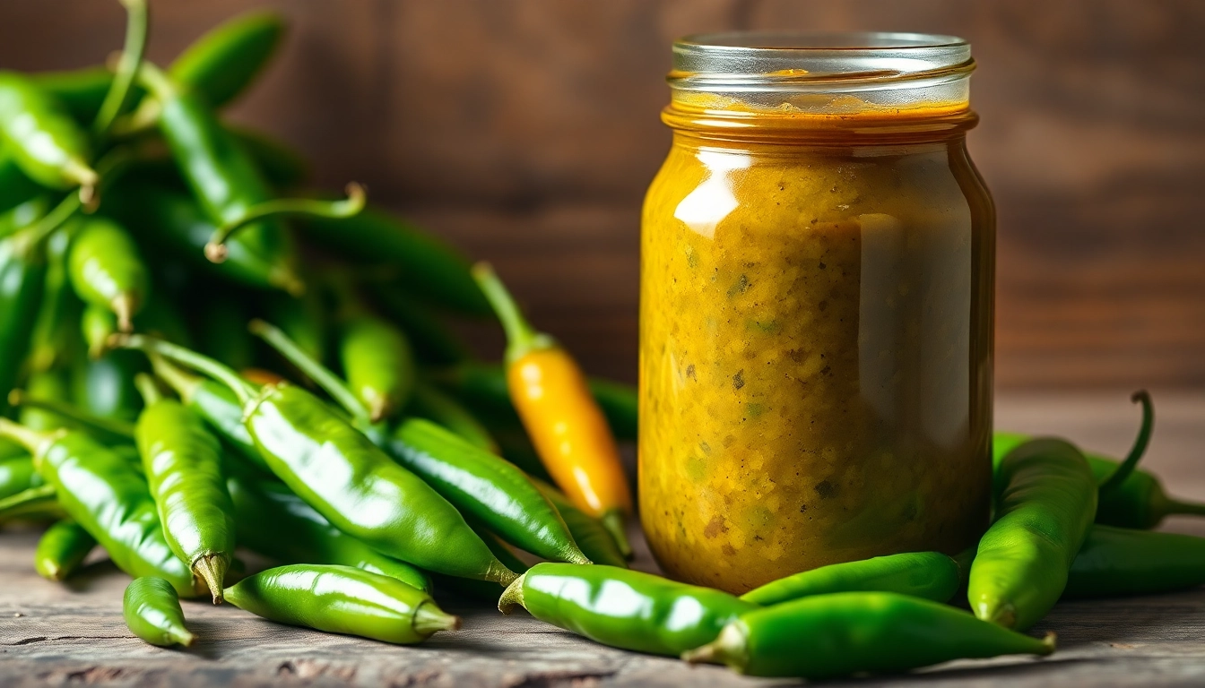 Green Chilli Sauce being poured from jar with fresh green chillies around, highlighting
